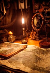 An ancient pirate map in the cabin of a pirate ship. Image of an ancient ancient pirate map. An ancient paper pirate scroll. 3d rendering