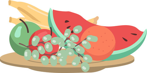 Poster - Fruits semi flat color raster object. Full sized item on white. Watermelon and grapes. Healthy and organic products simple cartoon style illustration for web graphic design and animation