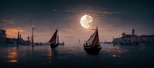 Spectacular Fantasy Coastal Town With Sailing Ship And Fishing Boats, Background Of Bright Moon In The Sky. Vintage Digital Art 3D Illustration Concept Art By Medieval Ship Or Schooner On The Coast.