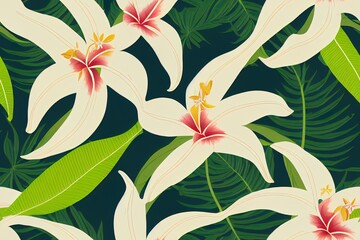 Canvas Print - Exotic tropical banana, fern leaves, vivid hibiscus, plumeria flowers seamless pattern on the white background. Jungle 2d illustrated floral wallpaper.