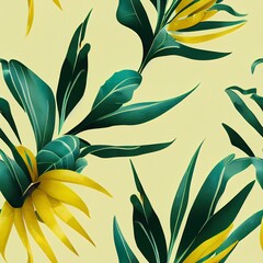Poster - tropical exotic floral line golden palm leaves and flowers seamless pattern, line background. exotic