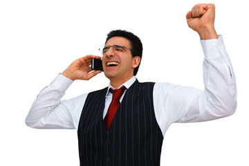 Wall Mural - gesture series: businessman gets positive message by cell phone.