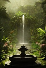 Chinese Ancient Meditation Fountain In The Green Jungle. 3d Rendering