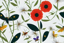 Seamless Horizontal Border With Summer Meadow Plants And Insects. Green Grass, Colorful Wild Flowers, Bumblebees And Butterflies On White Background. Floral Natural Pattern 2d Illustrated Flat