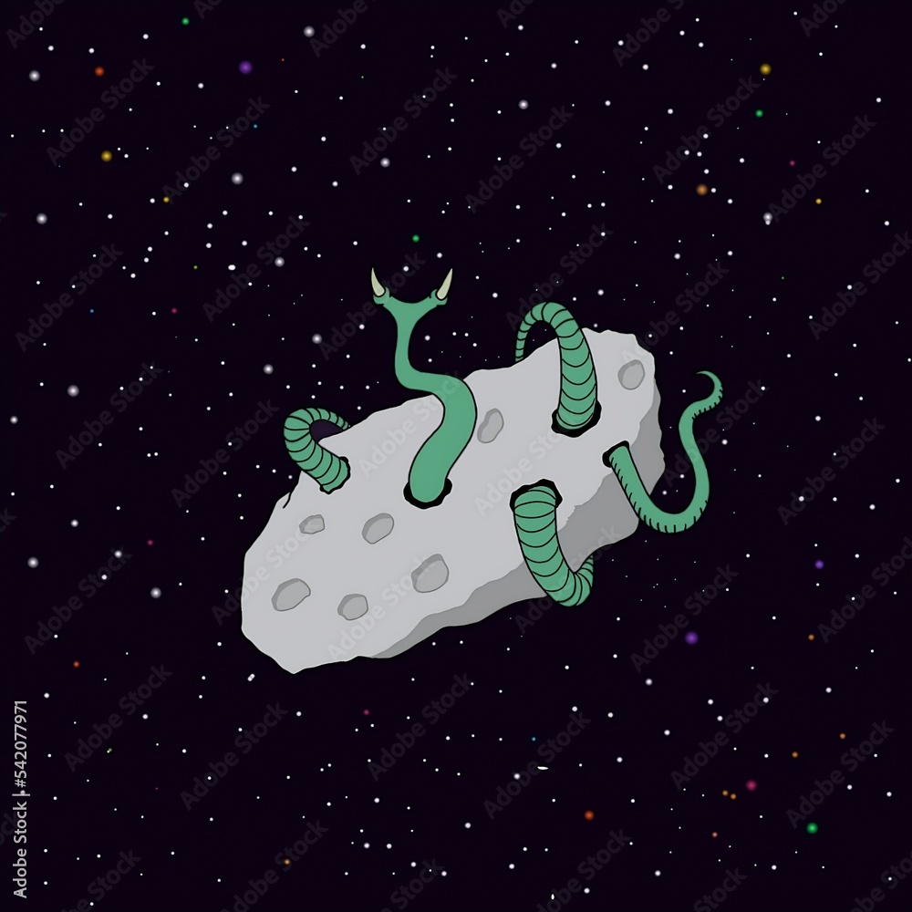 asteroid traveling in outer space and carrying a monstrous green alien ...