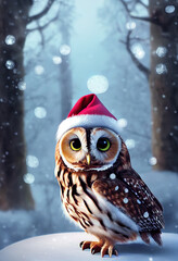 Poster - Tawny owl in a Santa hat in the forest.