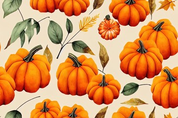 Poster - Fall seamless pattern with pumpkins on cream background, Autumn pattern with maple, leaves, foliage, watercolor wrapping paper, pattern fills, Thanksgiving, web page background.