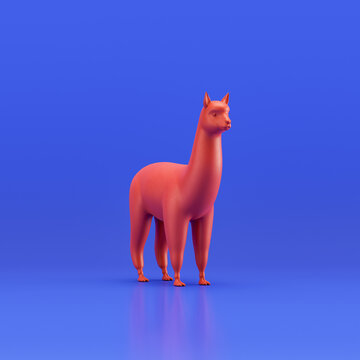 Alpaca monochrome single color animal. Red color single animal from angle view, Monochrome animal in blue studio, 3d rendering
