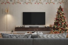 Living Room Interior With Christmas Tree, Ornaments, Gift Boxes, Red Sofa And LCD Tv Set Stock Photo
