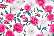 Allover Multi Flowers Border Ornament Seamless Pattern With Watercolour Flowers Pink Roses, Repeat Floral Texture, Vintage Background Hand Drawing. Perfectly For Wrapping Paper, Wallpaper Fabric Print