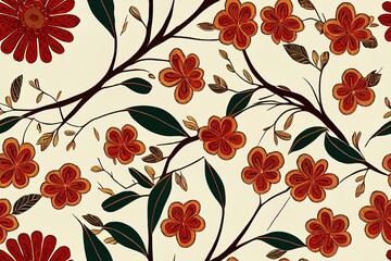 Canvas Print - Ethnic art flowers and leaves illustration pattern seamless art wallpaper texture, with vintage folkloric floral elements, antique. leafs, branches, small cherry flowers on white background.