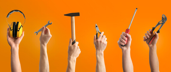 Collage with photos of men holding different construction tools on orange background, closeup. Banner design