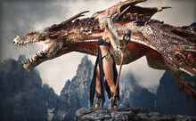 Portrait Of The Dragon Queen Holding Her Staff Unleashing Her Devastating Fierce Fire Breathing Dragon . 3d Rendering