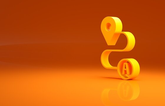 Yellow Route location icon isolated on orange background. Map pointer sign. Concept of path or road. GPS navigator. Minimalism concept. 3d illustration 3D render