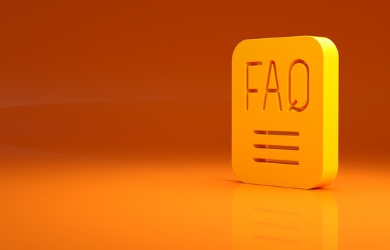Yellow Speech bubble with text FAQ information icon isolated on orange background. Circle button with text FAQ. Minimalism concept. 3d illustration 3D render