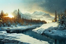 High Altitude Lake In The Mountains Glacier Water Clouds Snow Covered Peaks Epic Landscape Teton, Sierra, Alps, Alpine. Digital, Illustration, Painting, Artwork, Scenery, Backgrounds