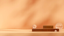 Orange Wall And Glass Sphere, 3D Render Mockup Template Wood Texture Block Podium In Landscape