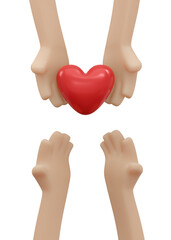 Wall Mural - 3D Rendering of hand holding heart concept of charity donation. 3D render illustration cartoon style.