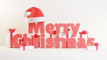 3d Rendering Merry Christmas Red Text Font Lettering With Hat And Giftbox