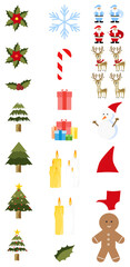 PNG set of Christmas icon set with trees, snow, ice, snowman, ginger man, leaves, berries flowers, and santa with deers.