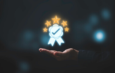 Fototapete - Hand holding and showing the best quality assurance with golden five stars for guarantee product and ISO service concept.