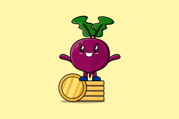 Wall Mural - Cute cartoon Beetroot character standing in stacked gold coin vector illustration in flat cartoon 