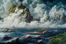 A Magical Seascape, Rocky Islands With Lush Vegetation, Cloudy Sunny Sky, Fantastic, Highly Detailed, Clouds, Composition Acrylic. Digital, Illustration, Painting, Artwork, Scenery, Backgrounds