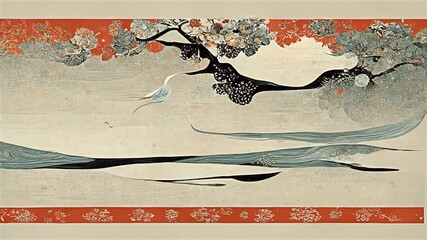 Landscape based on orange and green tones with frames of flowers and grasses. Elegant, retro, delicate and detailed background design elements with traditional Japanese style graphics, ukiyoe-like.