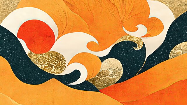 Wall Mural -  - Flat wave drawing in orange, green, red and gold. Elegant, retro, delicate and detailed background design elements with traditional Japanese style graphics, ukiyo-e-like.