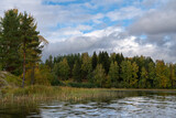Fototapeta Konie - View of Lake Ladoga near the village Lumivaara on a sunny autumn day, Ladoga skerries, Republic of Karelia, Russia