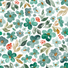 Floral Print In Shades Of Green. Seamless Watercolor Flowers Pattern. 