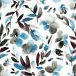 Floral print in cerulean, greyish purple and black. Seamless watercolor pattern.