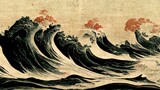Fototapeta Londyn - dramatic wave on rough paper textures, Japanese painting