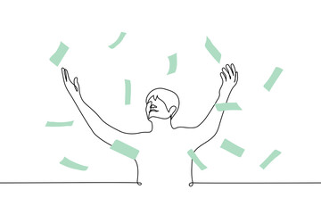 Wall Mural - joyful man rejoices at banknotes falling on him - one line drawing vector. concept money win, get a lot of money, get rich