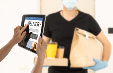 Grocery online shop to order food delivery from supermarket, woman hands using digital tablet for shopping grocery store online, electronic marketing, e commerce business concept