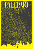 Fototapeta  - Black and yellow vintage hand-drawn printout streets network map of the downtown PALERMO, ITALY with brown highlighted city skyline and lettering