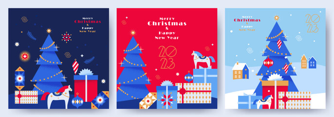Wall Mural - Merry Christmas and Happy New Year greeting card, banner, poster, holiday cover Set. Modern trendyXmas design in blue, red, gold, white colors. Christmas tree, balls, fir branch, toys, gifts elements.