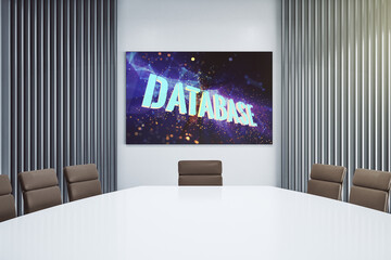 Poster - Creative Database word hologram on presentation tv screen in a modern meeting room, research and development concept. 3D Rendering