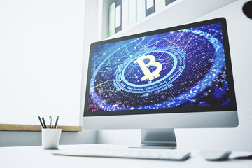 Poster - Creative Bitcoin concept on modern computer monitor. 3D Rendering