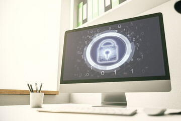 Poster - Computer monitor with creative light lock illustration and microcircuit, cyber security concept. 3D Rendering