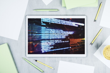 Poster - Modern digital tablet monitor with abstract creative coding sketch, artificial intelligence and neural networks concept. Top view. 3D Rendering