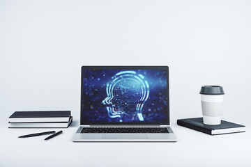 Aufkleber - Creative artificial Intelligence concept with human head hologram on modern laptop screen. 3D Rendering