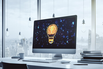 Aufkleber - Modern computer monitor with creative light bulb hologram with human brain, idea and brainstorming concept. 3D Rendering