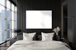 Grey bedroom interior with bed and nightstand with window. Mockup frame
