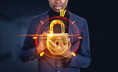 Poster - Black businessman using tablet, golden padlock hologram and protection