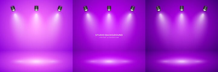 Sticker - Empty violet studio abstract backgrounds with spotlight effect. Product showcase backdrop. Stage lighting. Vector illustration