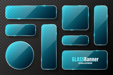 Realistic glass frames collection. Blue transparent glass banners with flares and highlights. Glossy acrylic plate, element with light reflection and place for text. Vector illustration