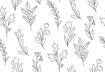 Cute winter black and white floral seamless pattern minimalist background. Hand drawn simple minimal line art branch with berries and leaves repeat texture. Black contour line outline vector winter