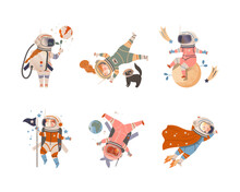 Cute Kids Astronauts In Space Suits Floating In Outer Space Set Vector Illustration