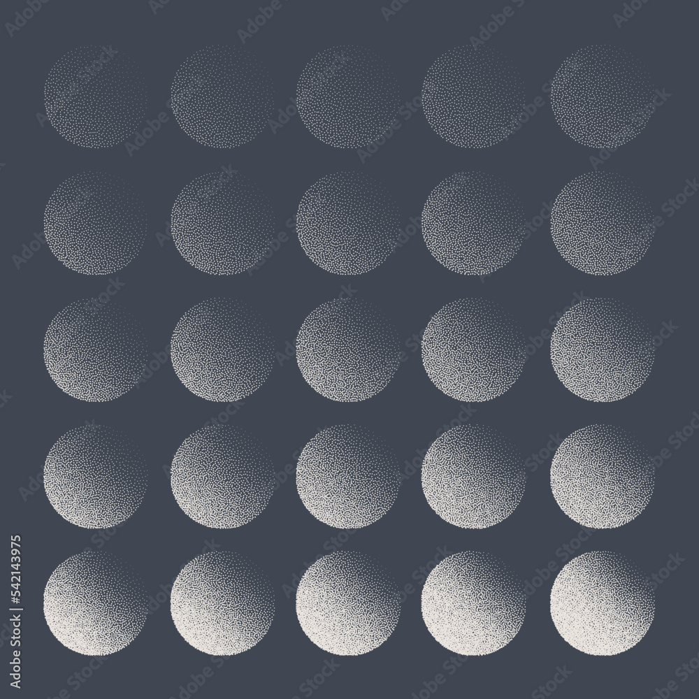 Round shaped dotted objects, stipple elements. Fading gradient ...